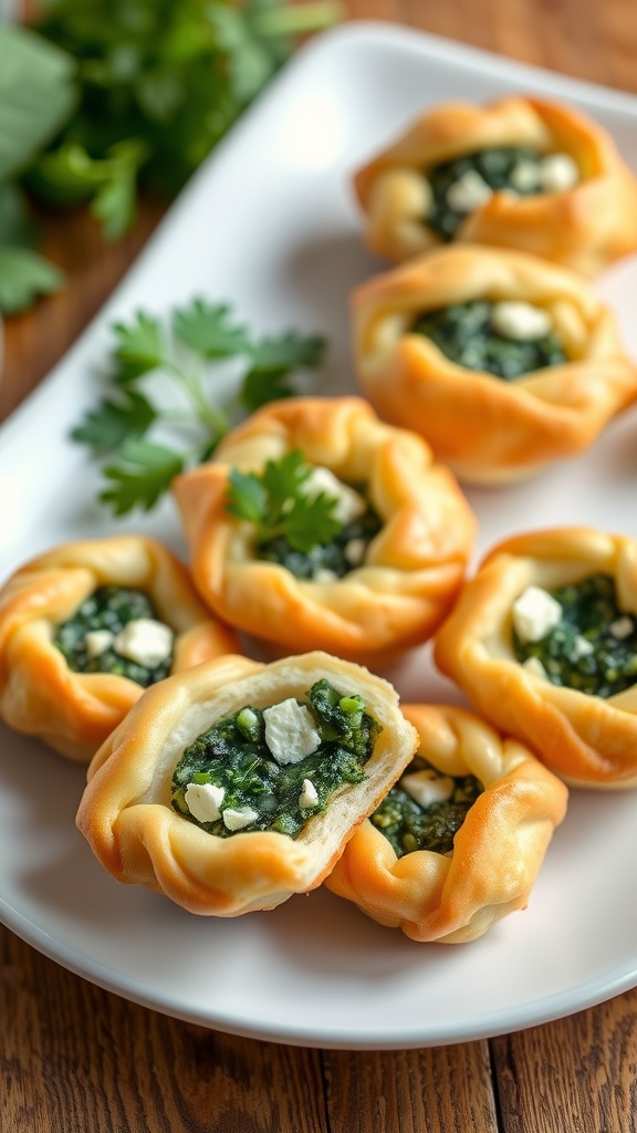 Golden spinach and feta puffs on a plate, garnished with parsley, on a wooden table.
